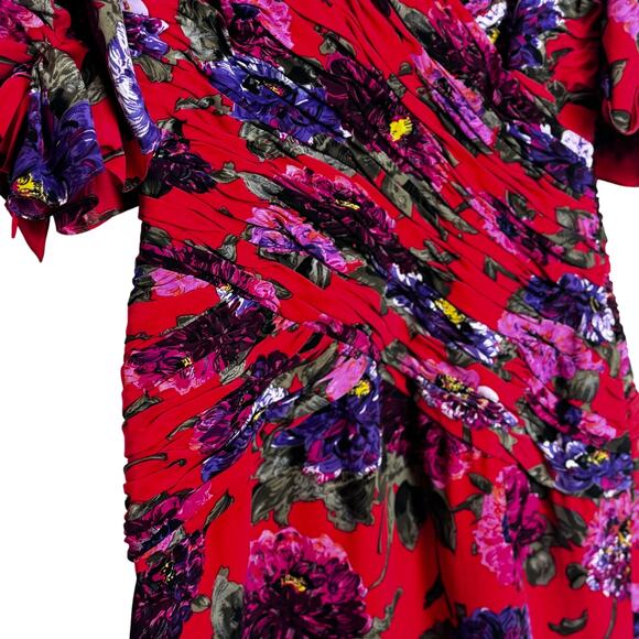 Liancarlo Ruched Cocktail Dress Womens 10 Red Floral Silk Puff Sleeve Elegant - Picture 5 of 16